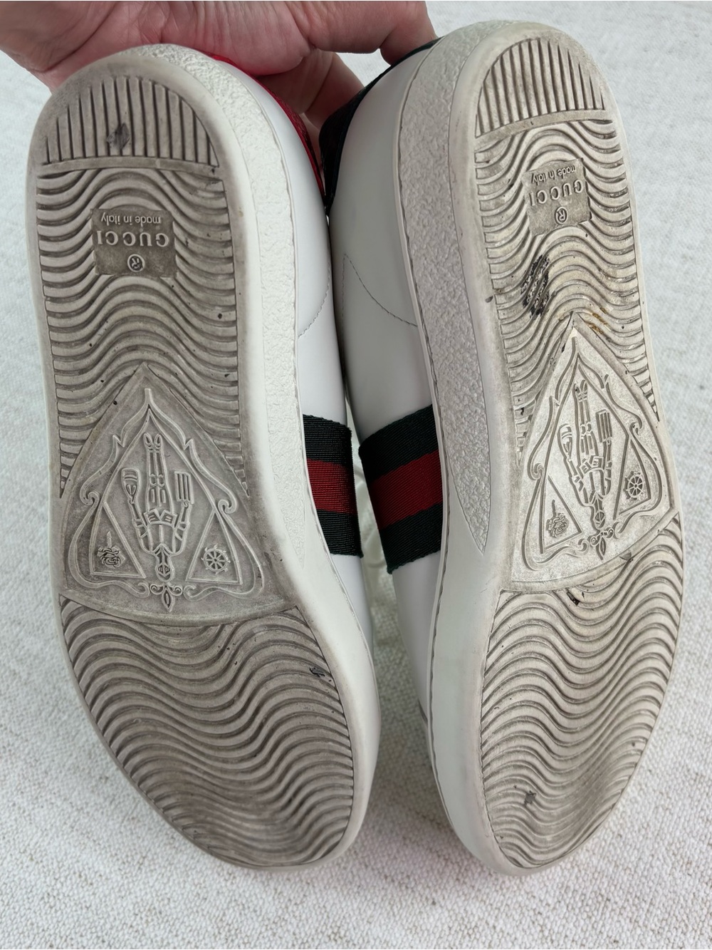 Gucci White Leather Sneakers with Red and Green Stripe and Red Heel - Picture 12 of 16